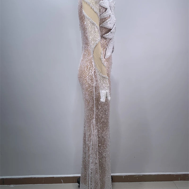 2024 White Sequins Beading One Shoulder White Lace Long Dress Graceful Woman Wedding Party Dress Singer Performance costume