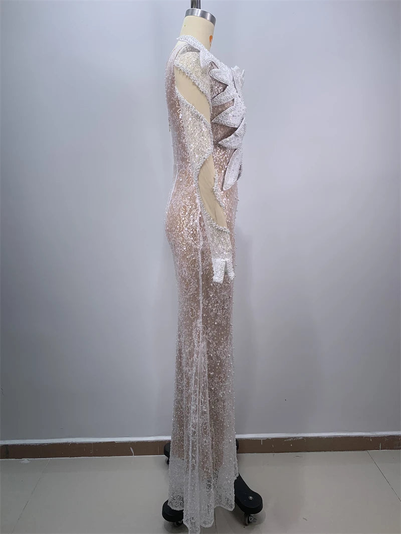 2024 White Sequins Beading One Shoulder White Lace Long Dress Graceful Woman Wedding Party Dress Singer Performance costume