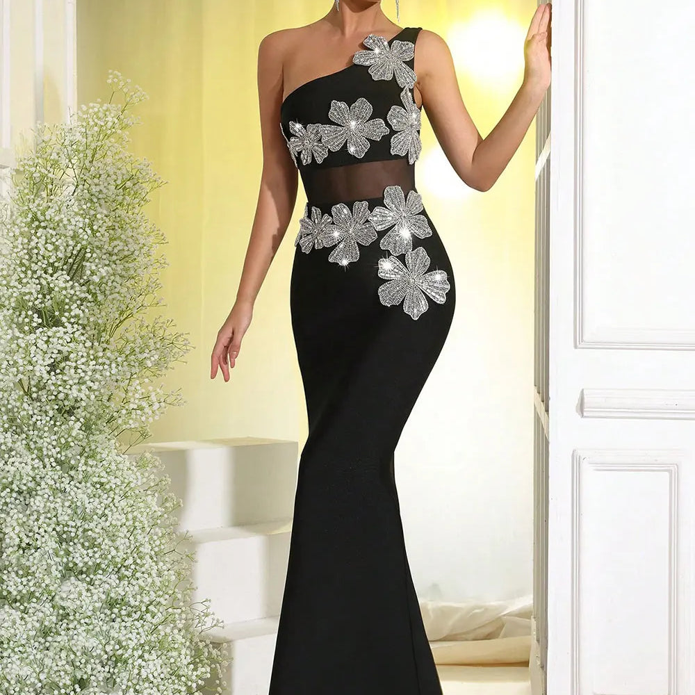 2025 Sexy Women's Light Luxury Flower Set Diamond Design Bandage Dress One Shoulder Sleeveless Bodycon Patchwork Long Dresses