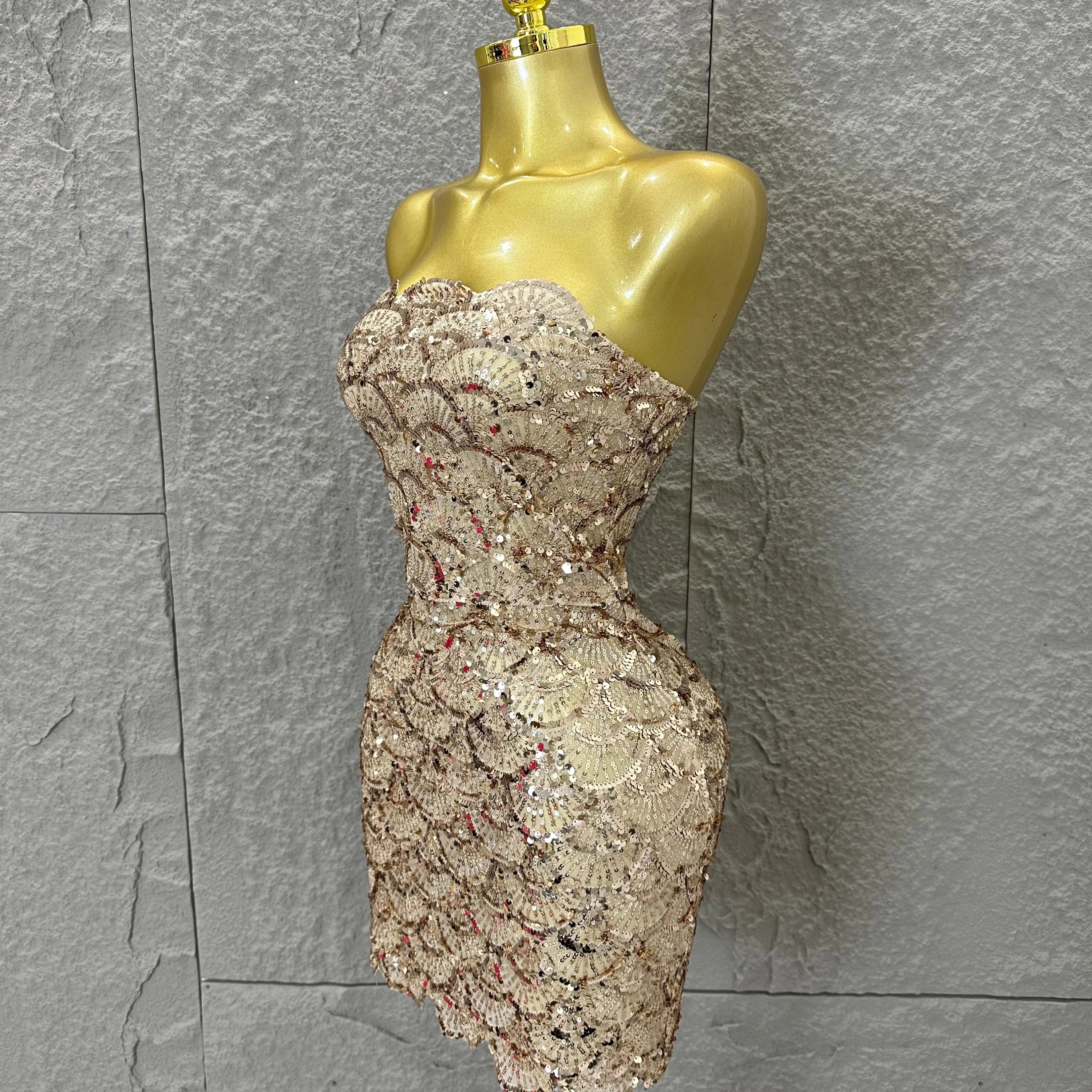 Elegant Silver Champagne Gold Strapless Mini Dress Women Sexy Sequin Form-Fitting Evening Party Nightclub Cocktail Party Costume