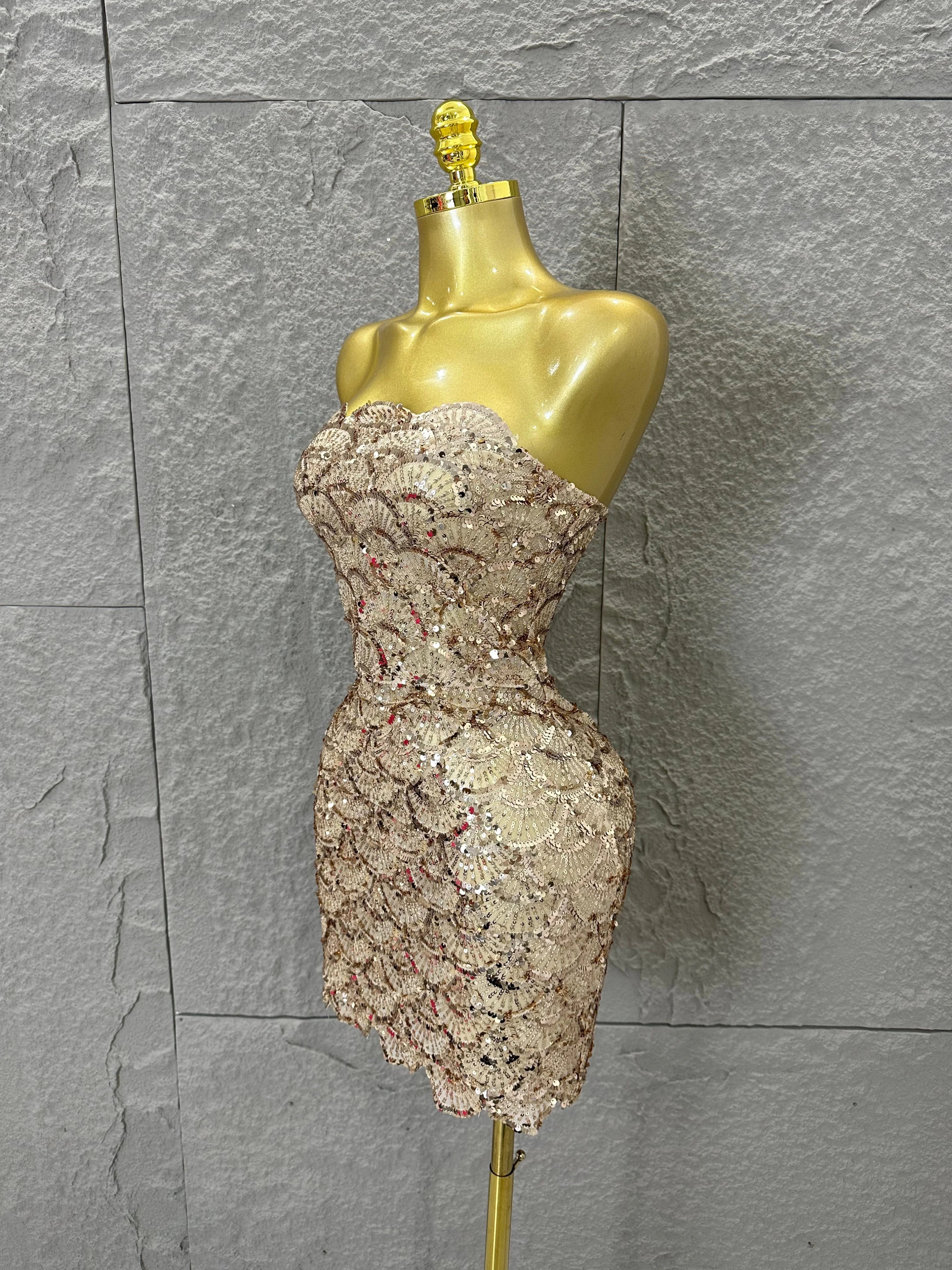 Elegant Silver Champagne Gold Strapless Mini Dress Women Sexy Sequin Form-Fitting Evening Party Nightclub Cocktail Party Costume