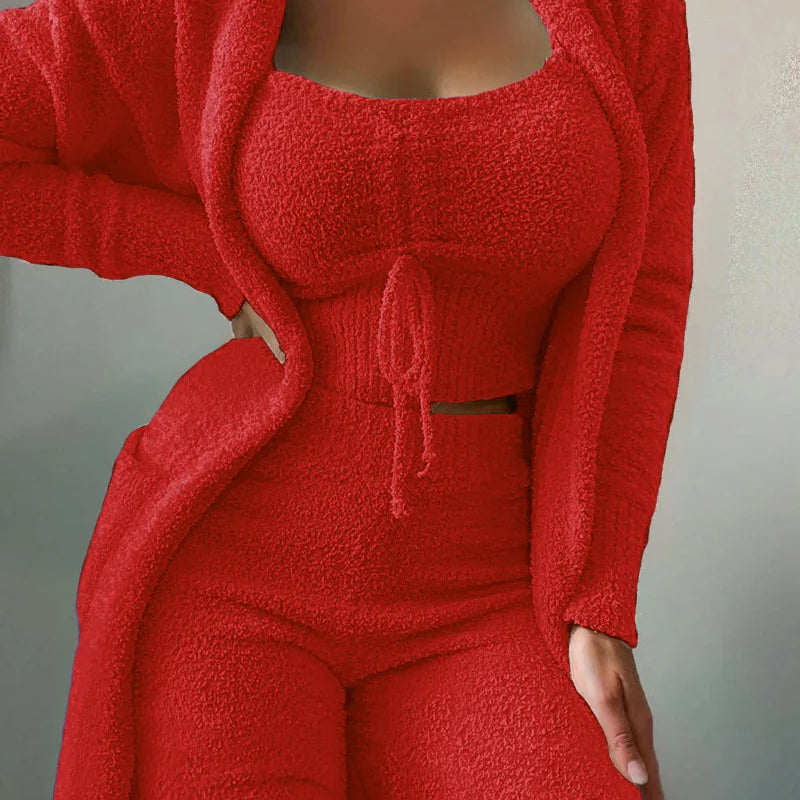 CM.YAYA 3-Piece Women Sets Plush Velvet Pajama Sleepwear Tank Tops + Pants + Cardigan Coat Tracksuit Loungewear Causal Outfits Red 2