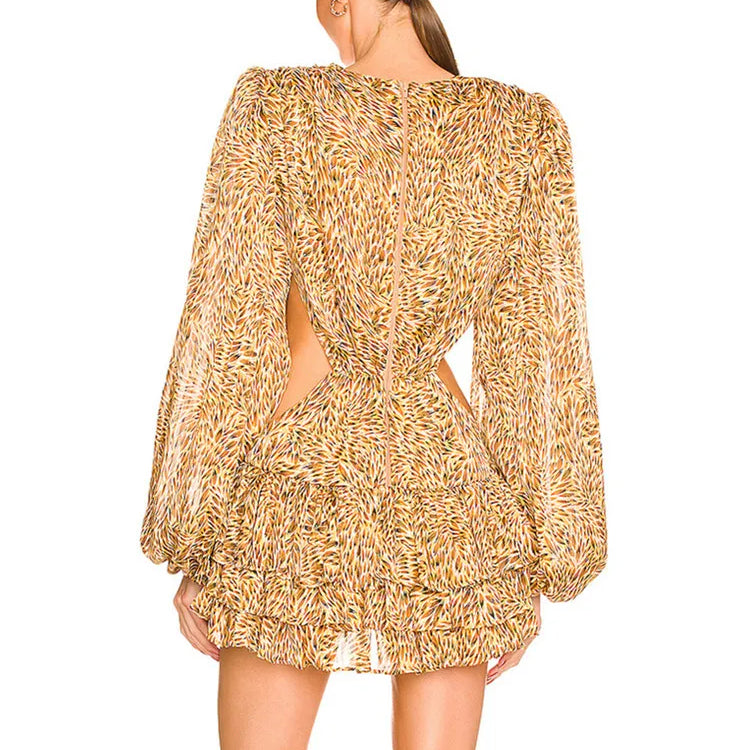 Women Summer Style Sexy Long Sleeve Hollow Out Floral Pleated Mini Bodycon Dress 2022 Elegant Evening Party Dress