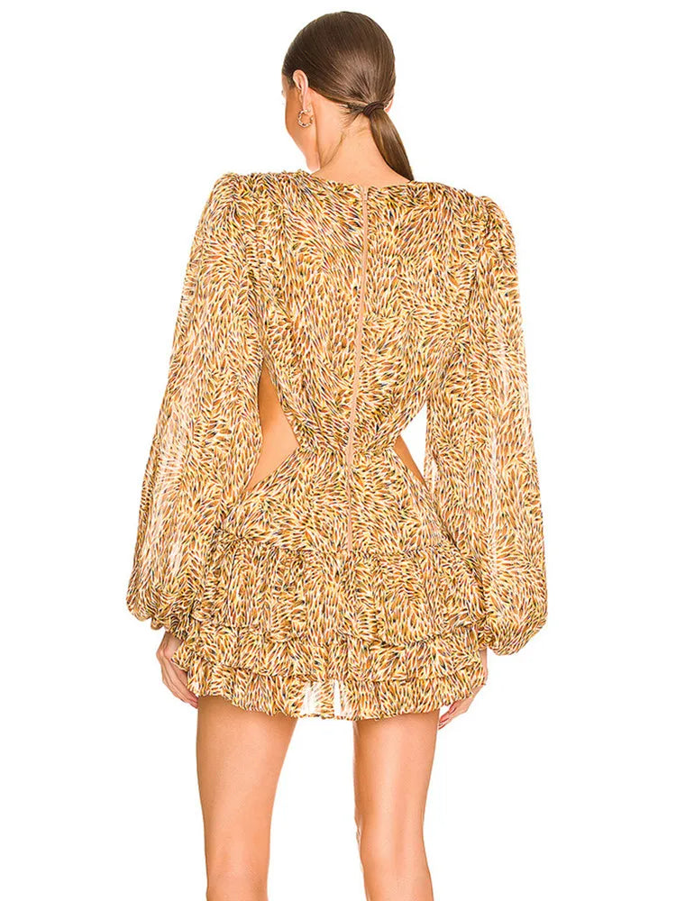 Women Summer Style Sexy Long Sleeve Hollow Out Floral Pleated Mini Bodycon Dress 2022 Elegant Evening Party Dress