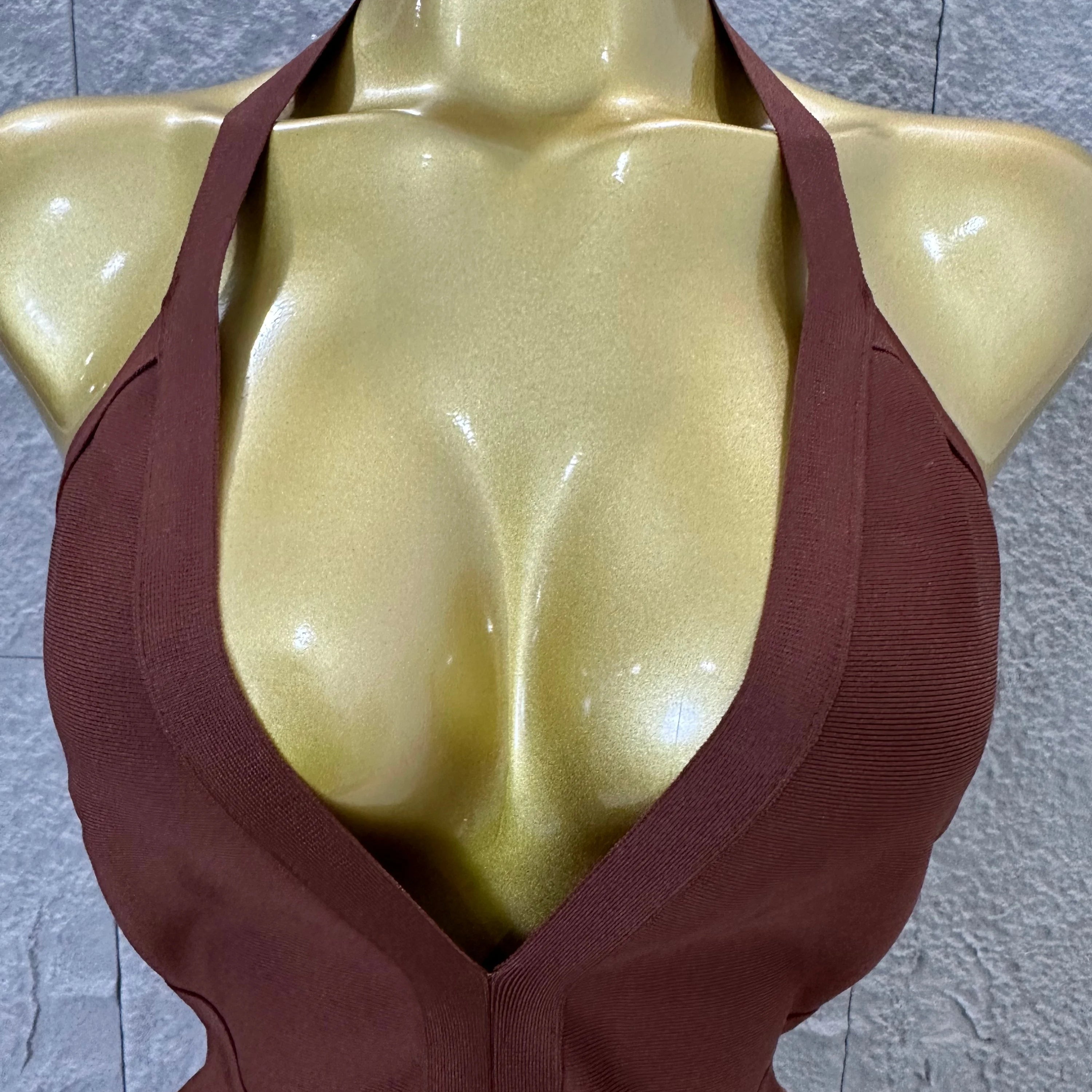 Elegant 2026 Brown Bandage Midi Dress Women Sexy Halter Neck Deep V Bodycon Evening Party Costume Cocktail Party Costume