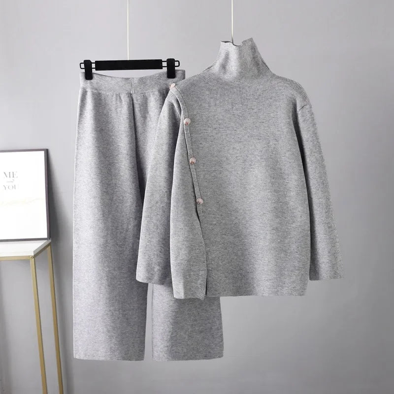 Split Knit High Neck Sweater for Women's Winter Warmth Reduction Casual Wide Leg Pants Two-piece Set