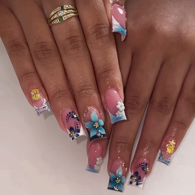 24Pcs Blue Smudge French False Nails Press on 3D Flower Starfish Shell Fake Nails Mid-length Square Wearable Full Cover Nail Tip 1XG3-13526