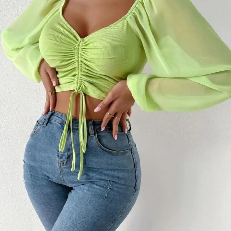 Woman’s Tops Puff Sleeve Sexy Close-Fitting Summer and Spring Lace up V-neck Fashion Solid Color Simple Long Sleeve Hot Light Green
