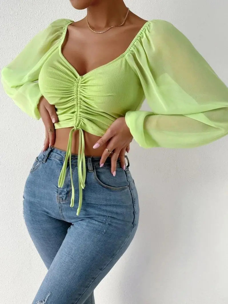 Woman’s Tops Puff Sleeve Sexy Close-Fitting Summer and Spring Lace up V-neck Fashion Solid Color Simple Long Sleeve Hot Light Green