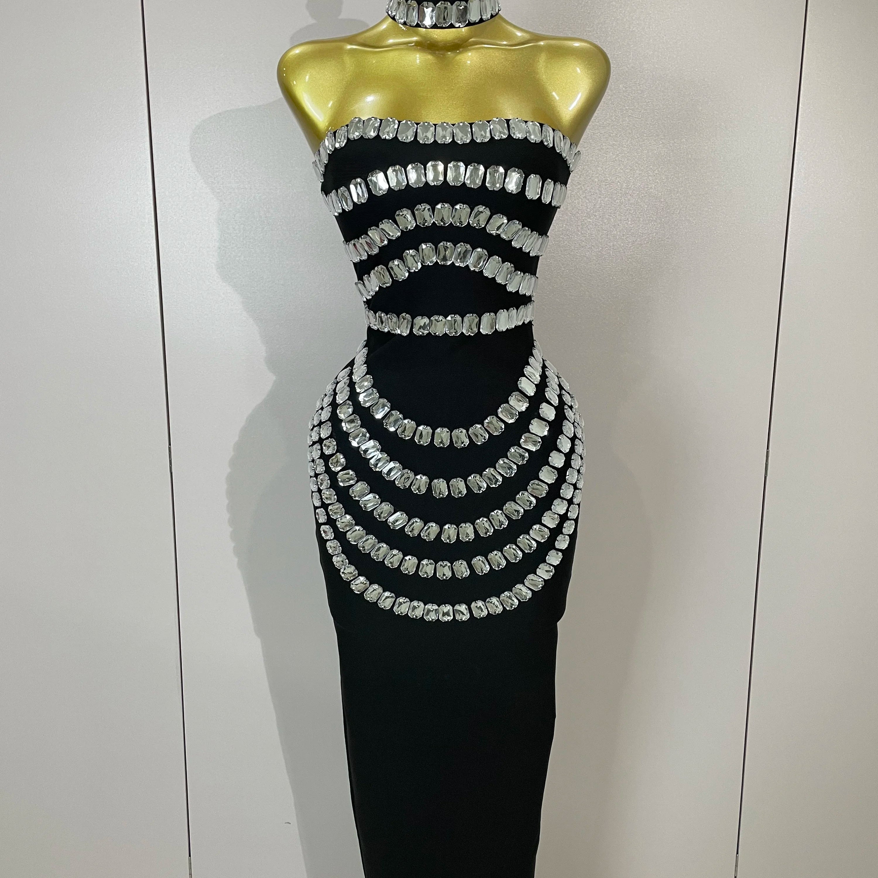 2025 Women Sexy Backless Strapless Black Beading Long Bandage Bodycon Dress Celebrity Elegant Evening Luxury Birthday Dresses black