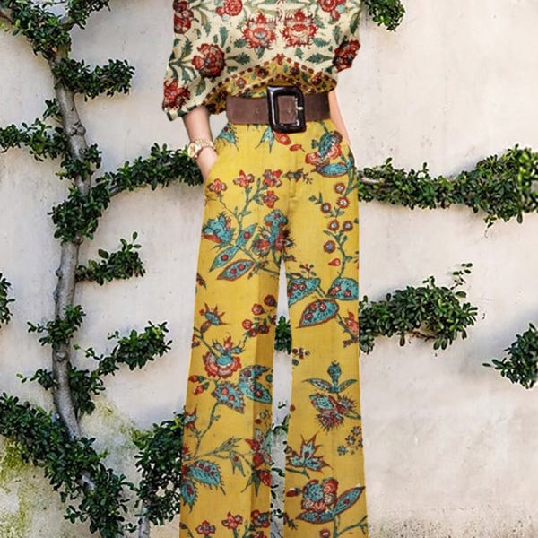 Print Jumpsuit Women Autumn and Spring 2024 New Fashion Long Sleeve Lapel Loose Casual Elegance Green Jumpsuits Yellow