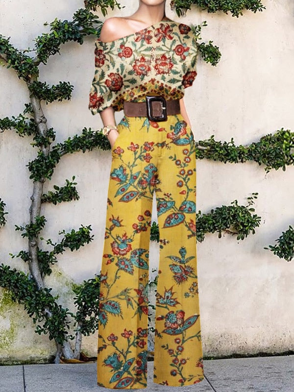 Print Jumpsuit Women Autumn and Spring 2024 New Fashion Long Sleeve Lapel Loose Casual Elegance Green Jumpsuits Yellow