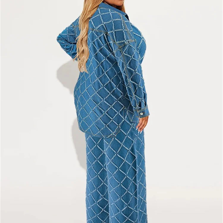 Wmstar Plus Size Denim Two Piece Sets Women Fall Clothing Print Long Sleeve Tops Pants New Matching Suits Wholesale Dropshopping