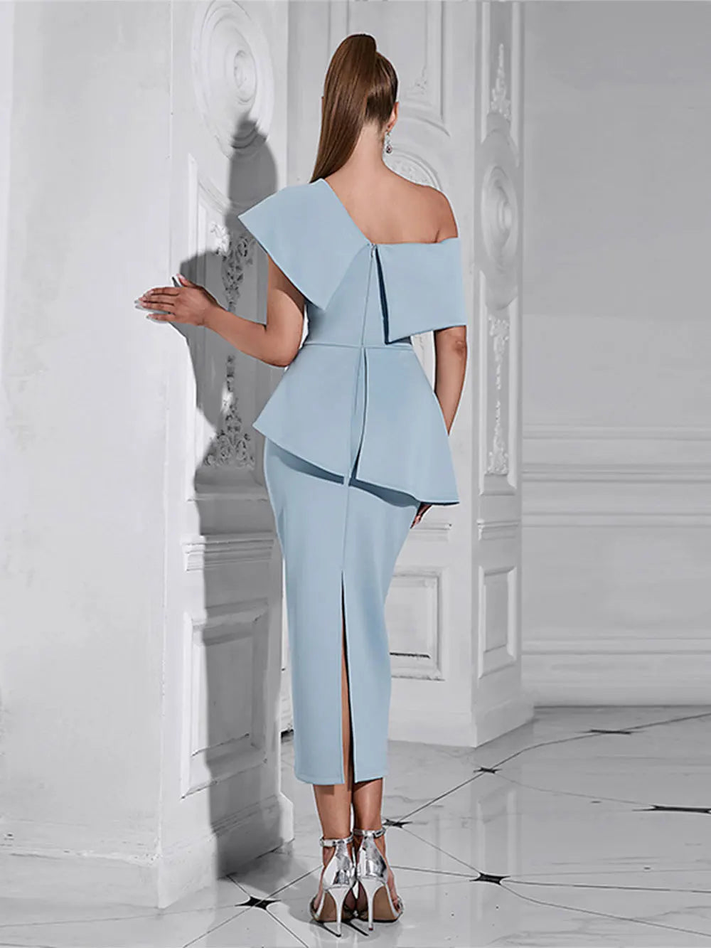 2024 Sexy Women Sky Blue Dress Off Shoulder Slant Neck Lotus Leaf Sleeve Button Design Bodycon Midi Dress Evening Party Vestidos