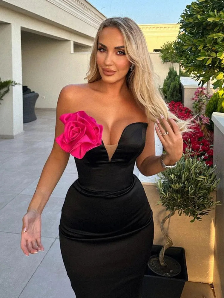 Celebrity Women Summer Sexy Strapless Backless Flower Patchwork Maxi Long Bandage Dress 2024 Elegant Evening Club Party Dress