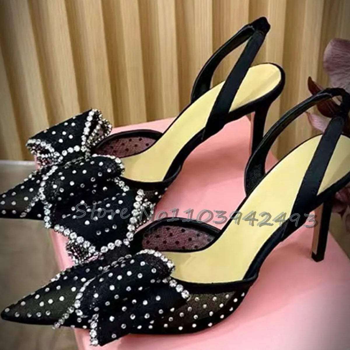 Rhinestones Mesh Heeled Sandals Pink Heels Slip On Pull On Shoes Summer Butterfly-knot Women Luxury Designer Shoe Fairy Sandalia black