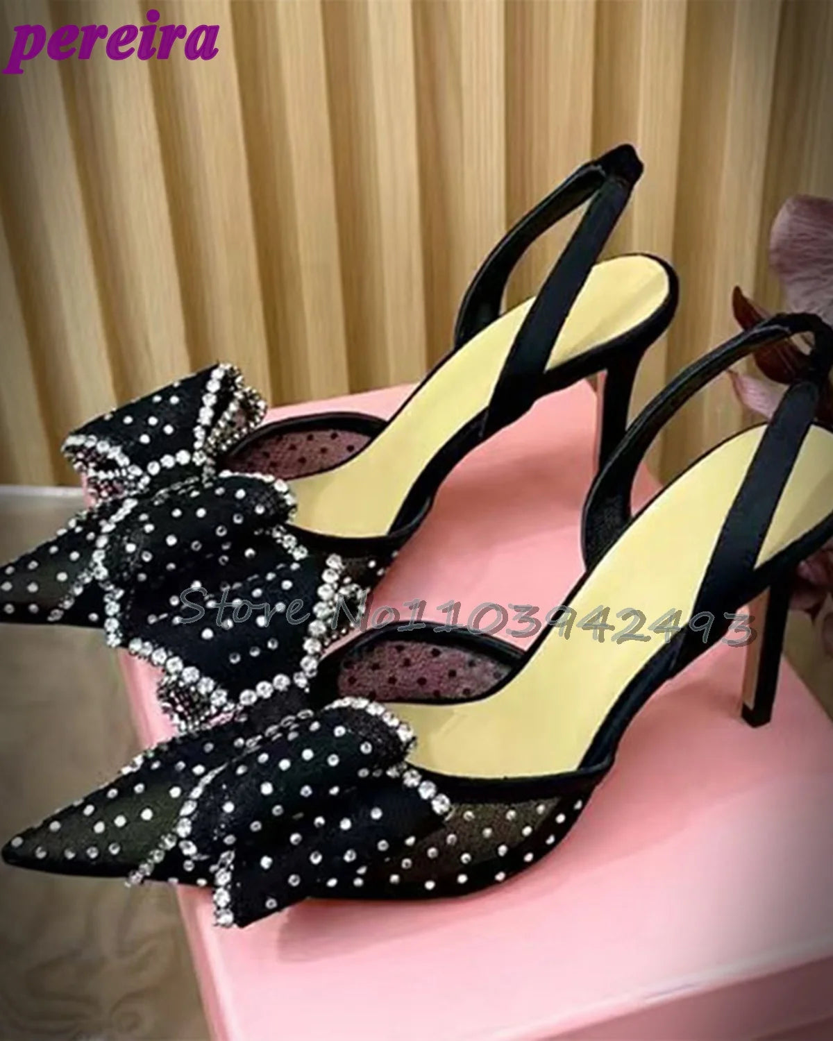 Rhinestones Mesh Heeled Sandals Pink Heels Slip On Pull On Shoes Summer Butterfly-knot Women Luxury Designer Shoe Fairy Sandalia black