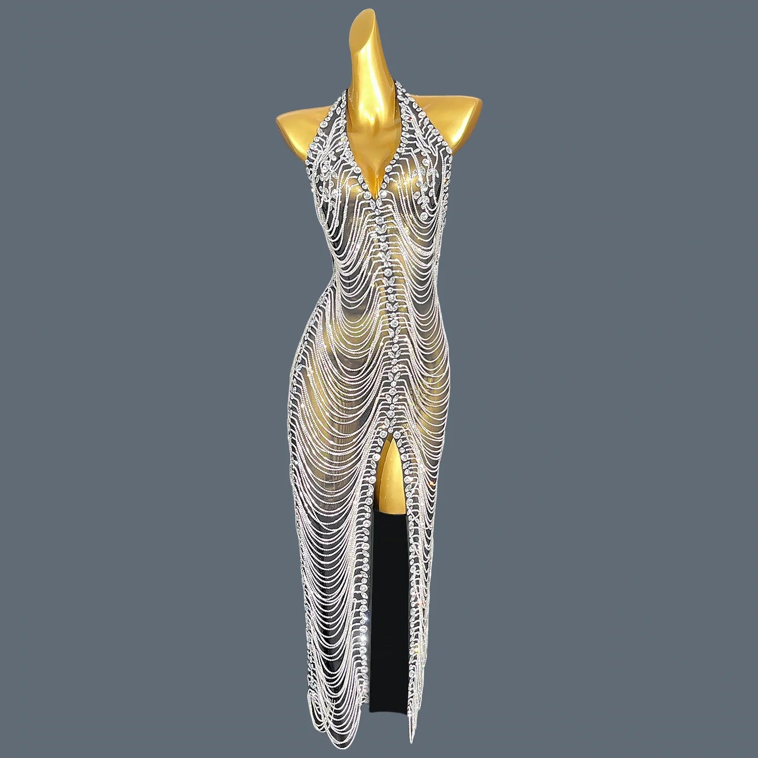 Sparkly Rhinestone Backless Evening Dress Mid-Calf Dinner Party Dress Sleeveless High Side Slit Club Gown for Women Star Heiwan Short