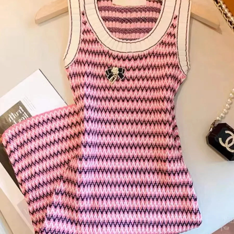 Women Short Sleeve Round Neck Striped Luxury Sheath Mini Dresses Summer Patchwork High Waist Slim Fit Knitting Dress Sleeveless