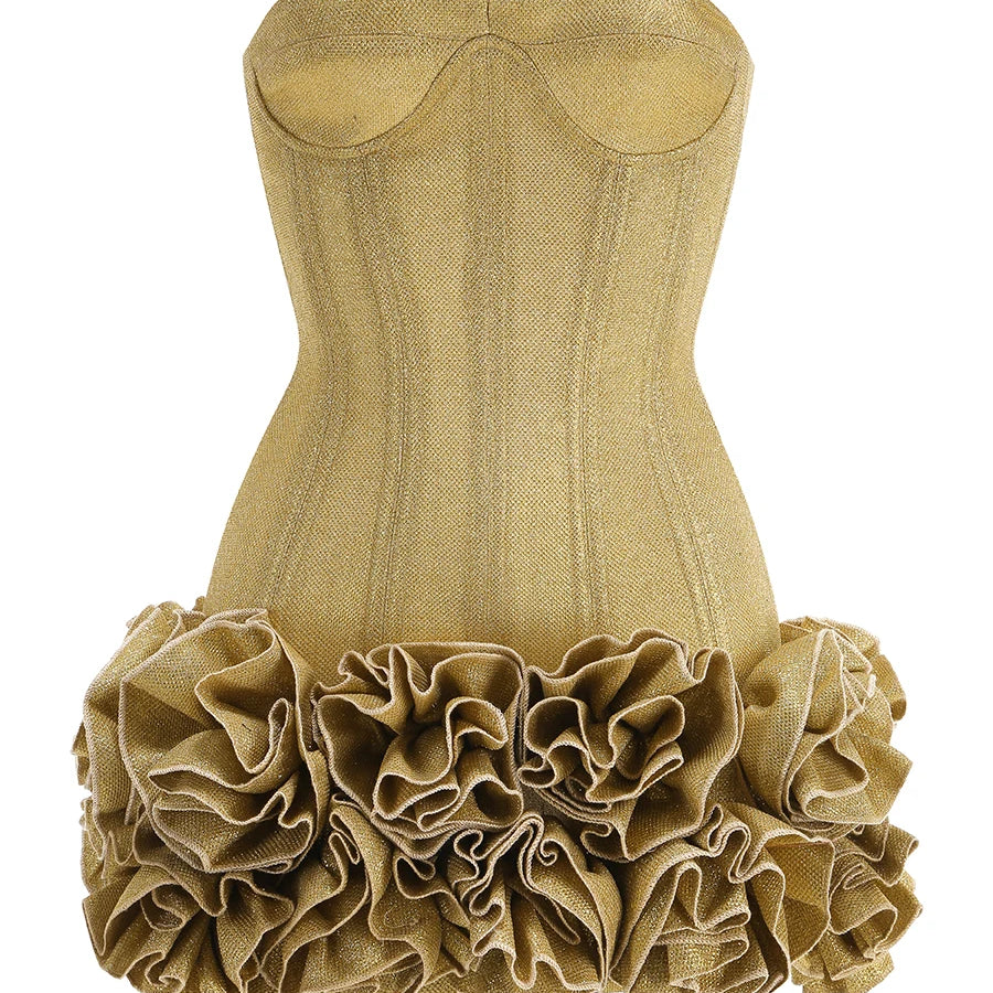 Christmas Dress Strapless Backless Red Structured Floral Embellished Mini Length Bodycon Celebrity Party Cocktail Dress Gold