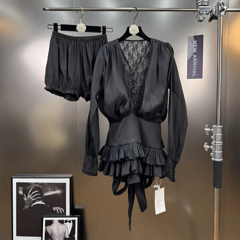 Autumn Winter New Fashion Lace Patchwork Ribbon Shirt Dress For Women High-end Elegant With Shorts Dress 11A07615 Black