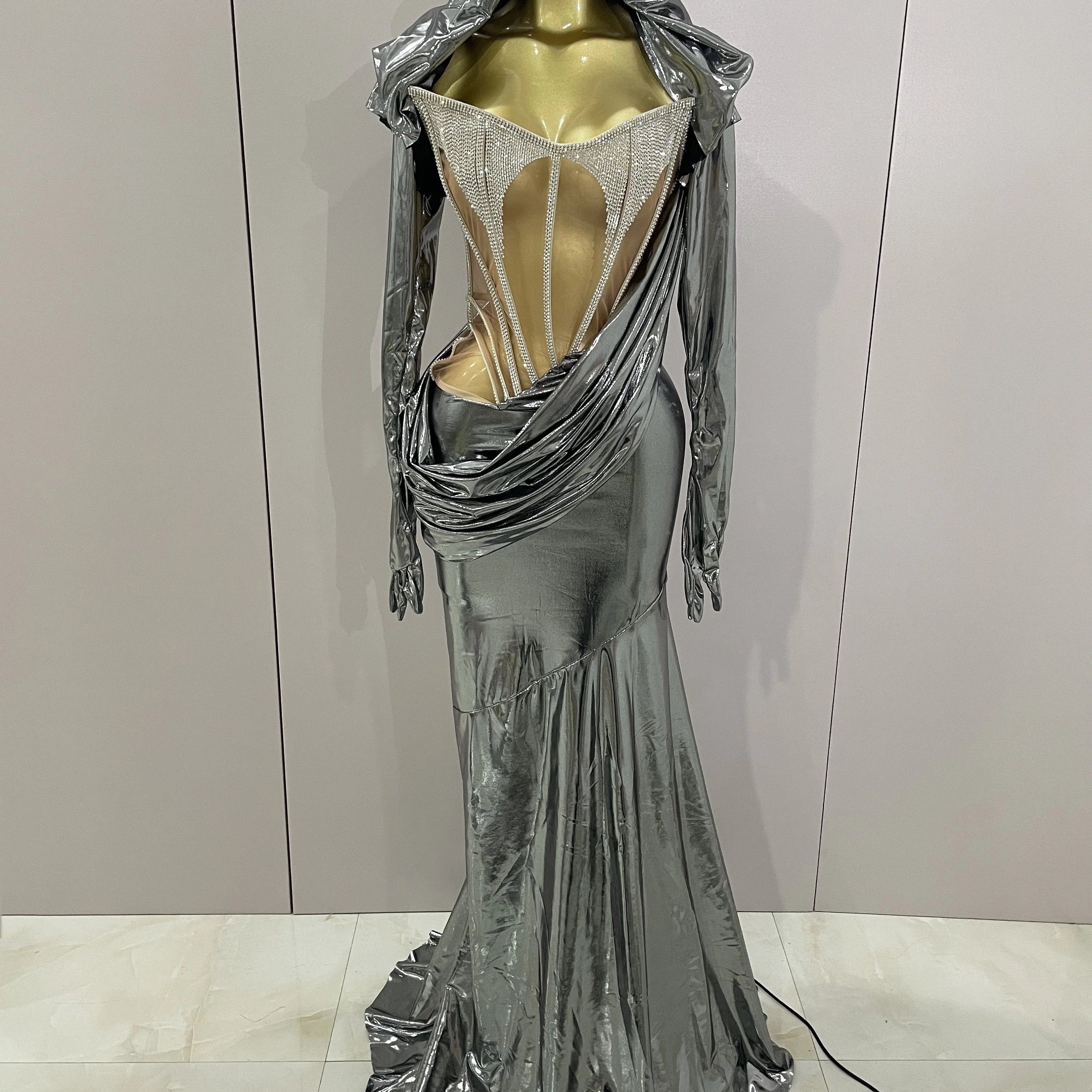 Sexy Sparkly Diamond Long Dress Two Pieces Sets Women Nightclub Party Celebrate Dance Singer Performance Costume Stage Outfit Silver