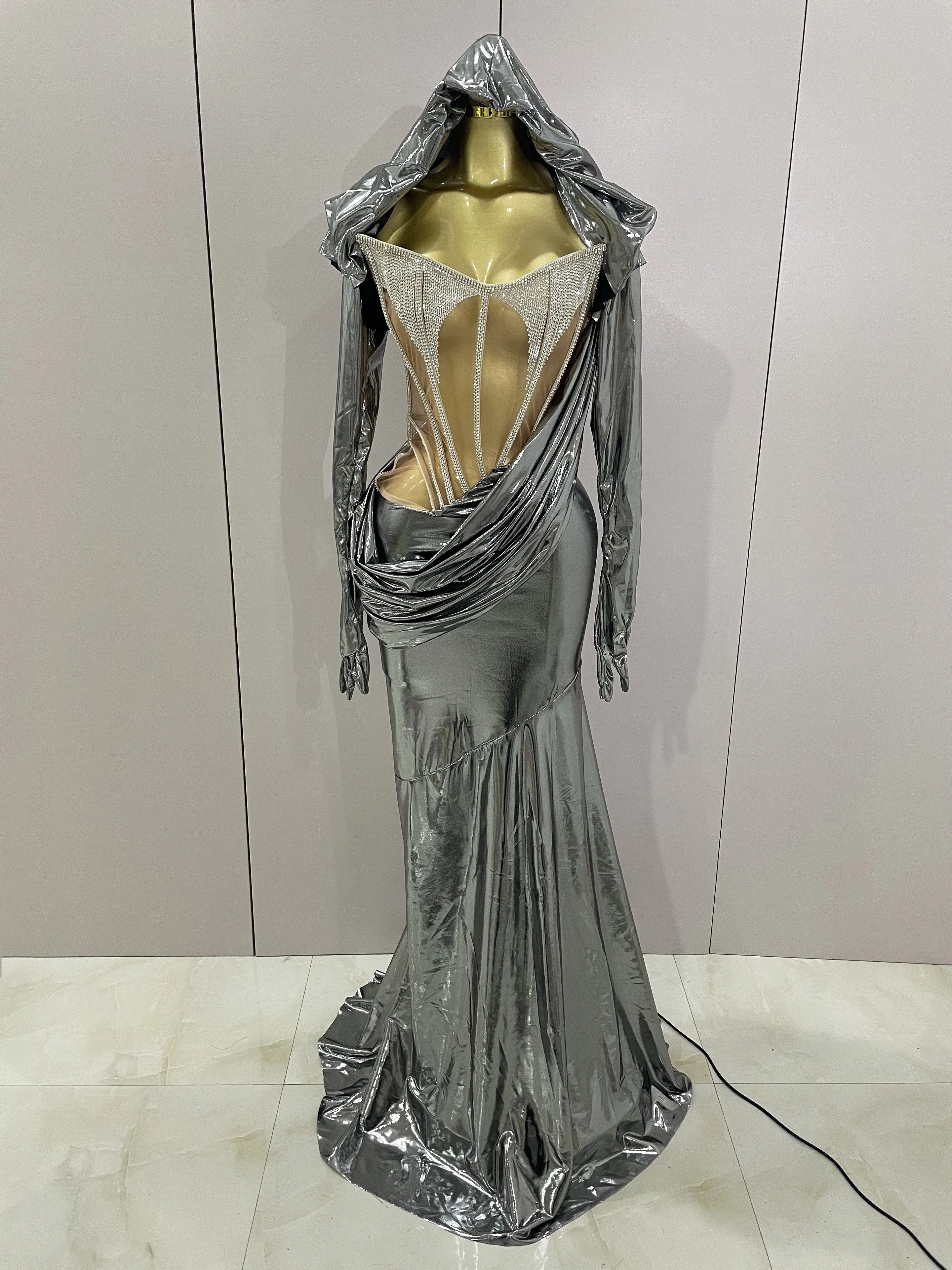 Sexy Sparkly Diamond Long Dress Two Pieces Sets Women Nightclub Party Celebrate Dance Singer Performance Costume Stage Outfit Silver