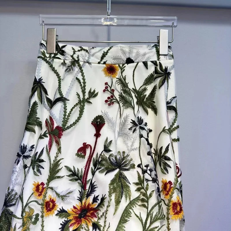 Top New Long Skirts Spring Fashion Designer Women Elastic Waist Allover Luxurious Embroidery Sexy Tulle Mesh Skirts