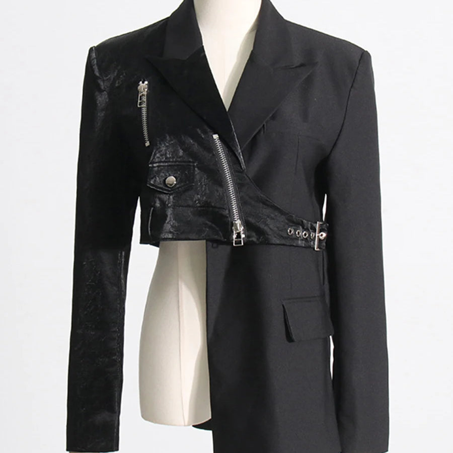 Solid Spliced Zipper Irregular Jackets for Women Lapel Long Sleeves Patchwork Pockets Fshion Jacket Female Clothing BLACK
