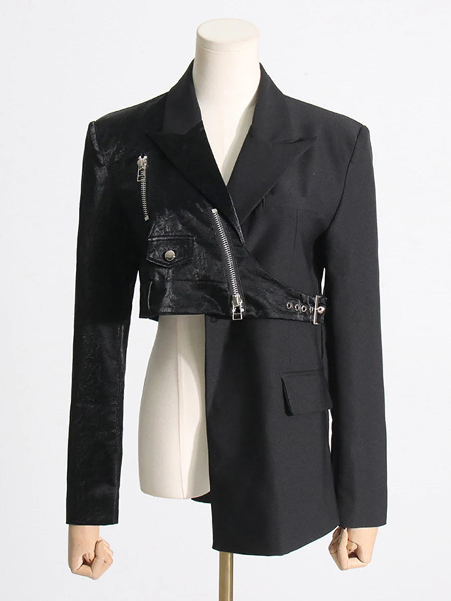Solid Spliced Zipper Irregular Jackets for Women Lapel Long Sleeves Patchwork Pockets Fshion Jacket Female Clothing BLACK