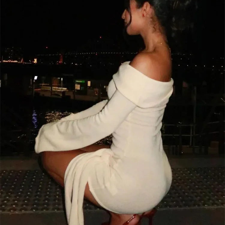 Knit Sweater Lace-Up Mini Dress Female Off-Shoulder Slim Patchwork Loose Twist Ribbed Knitwear Dress Women's Party Dress