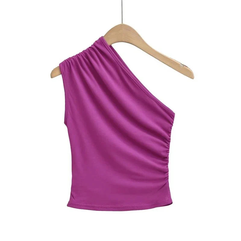 Wrinkle Sloping Shoulder Camisole Vest Women Clothes One-Shoulder Sleeveless Crop Top Skinny Sexy Solid All-matc One Shoulder Purple