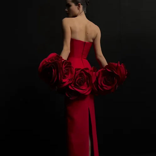 2025 New Fashion Black Red Women Sexy Strapless Big Florals Bodycon Long Bandage Dress Celebrate Evening Party Cocktail Outfit