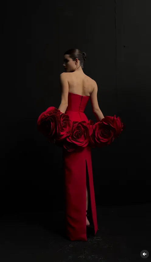 2025 New Fashion Black Red Women Sexy Strapless Big Florals Bodycon Long Bandage Dress Celebrate Evening Party Cocktail Outfit
