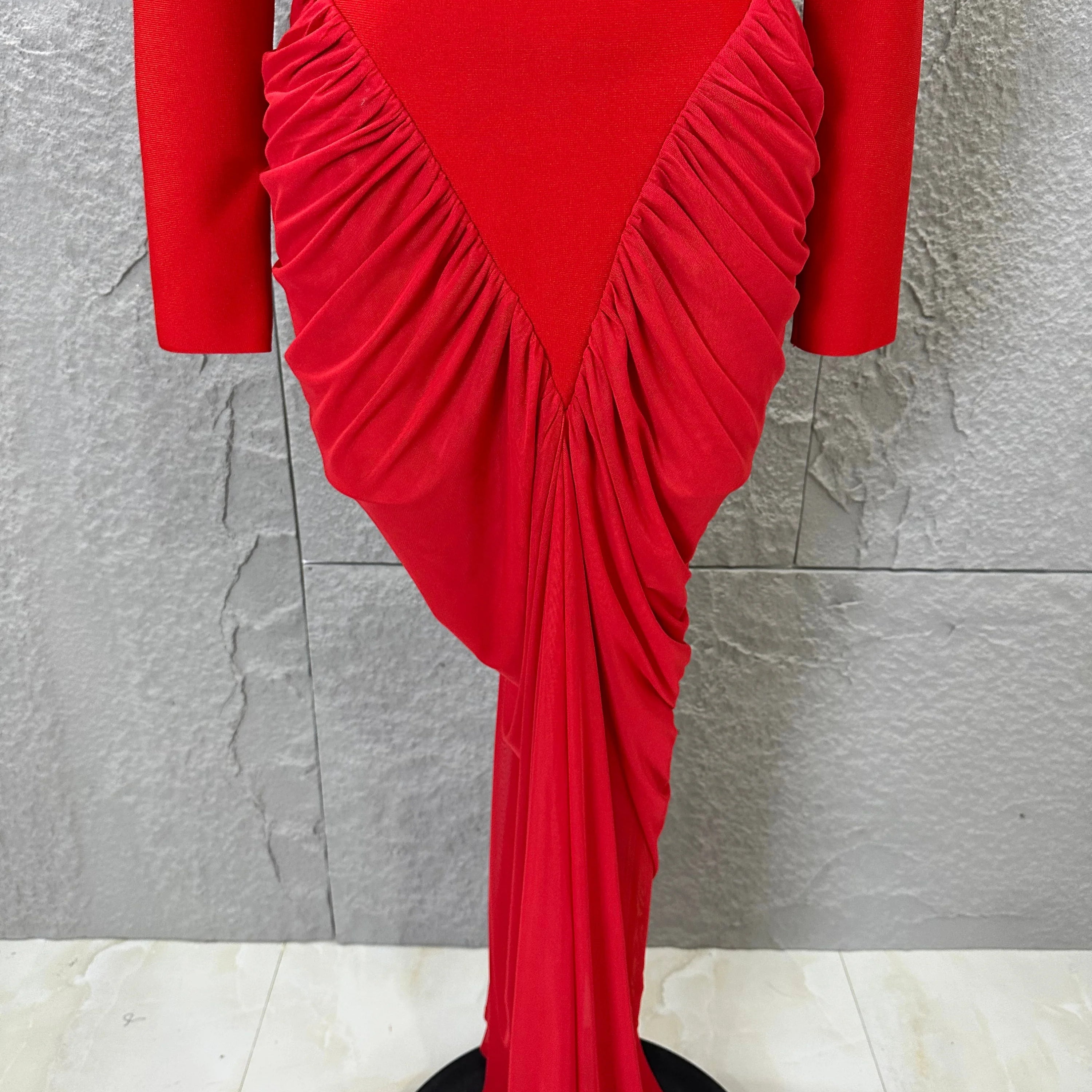 Glamorous Red Long Sleeve Maxi Dress Women High Neck Ruched Draped Bodycon Nightclub Outfit Cocktail Party Costume