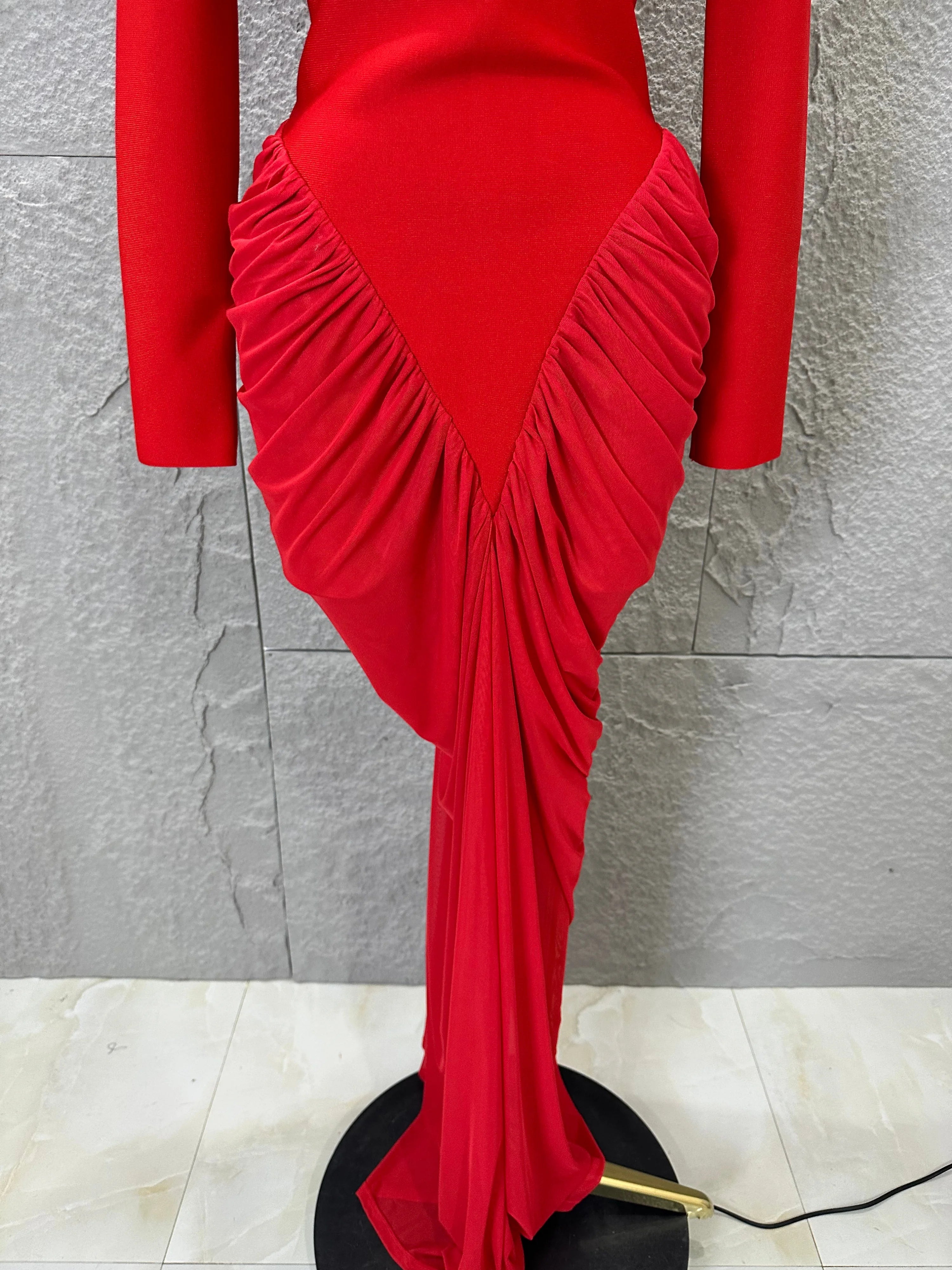Glamorous Red Long Sleeve Maxi Dress Women High Neck Ruched Draped Bodycon Nightclub Outfit Cocktail Party Costume