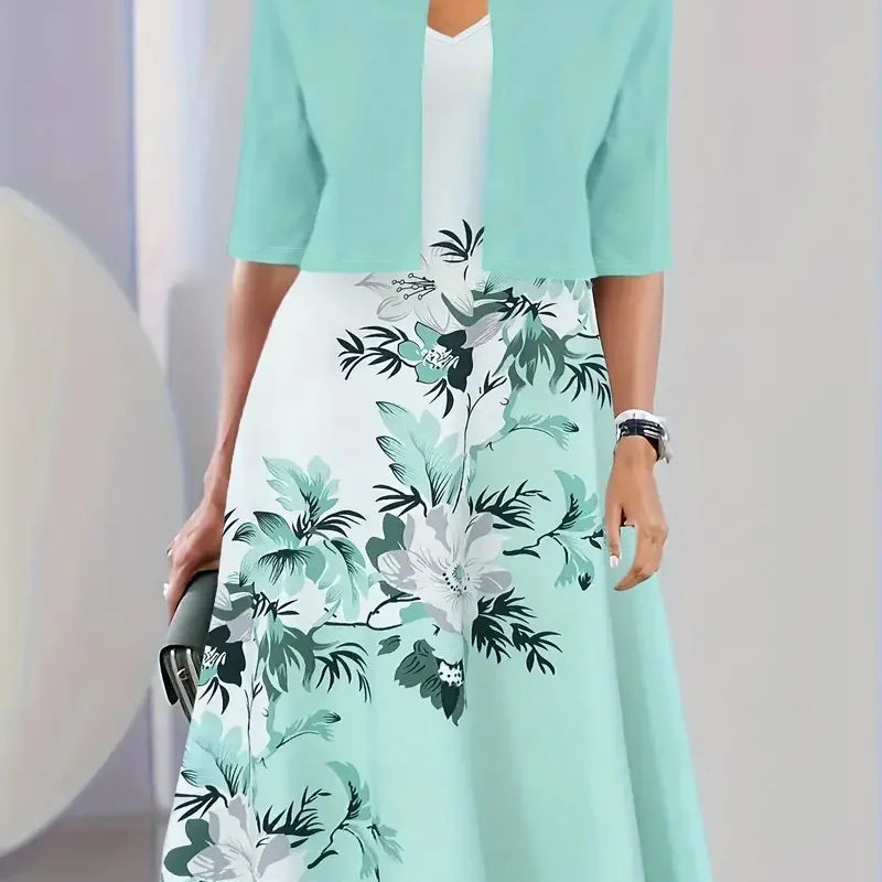New for summer 2024! Eu-us Fall Women's 2 long Dress Set - floral and grass print crew neck dress with chiffon short coat Turquoise