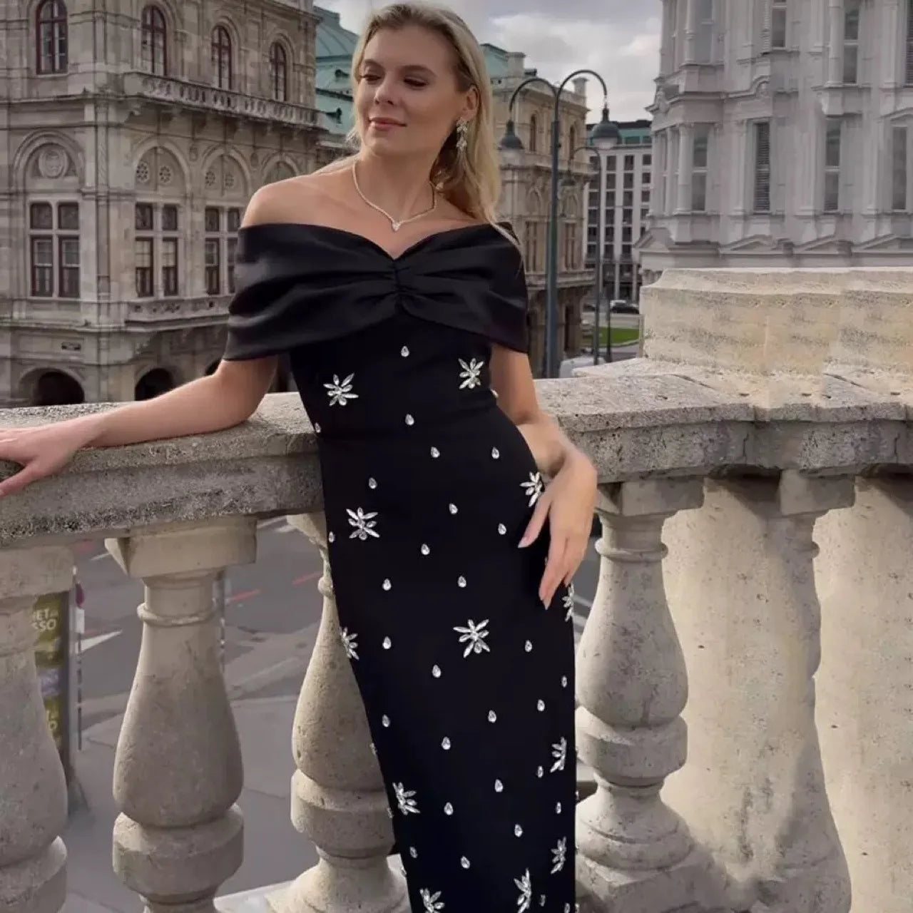 Shining Diamond Sexy Off The Shoulder Black Ankle Lenght Bandage Dress Graceful Woman Party Vestido Birthday Party Outfit black