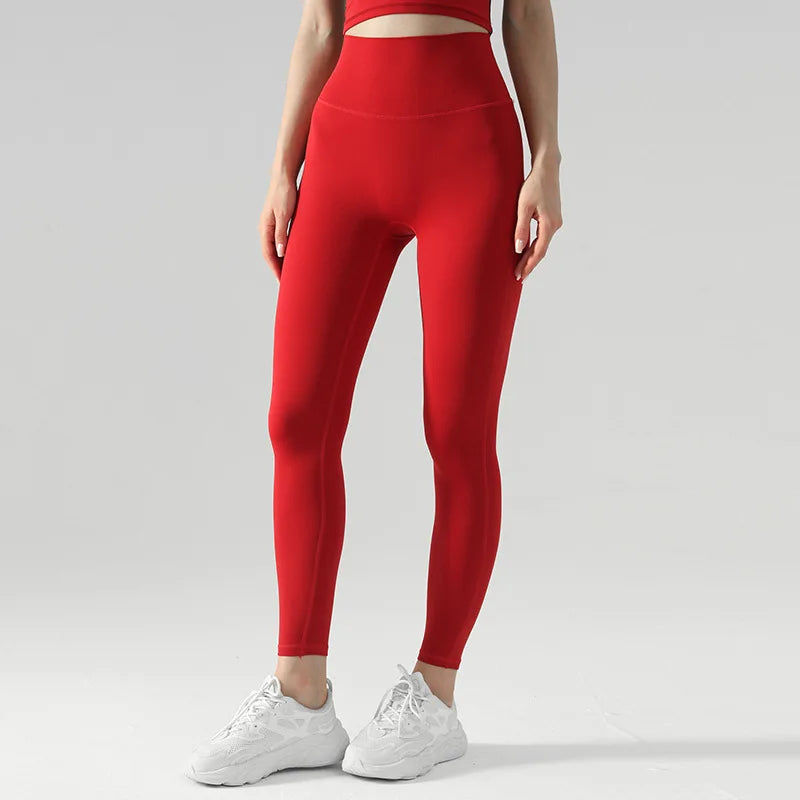 Emily Sportswear Naked High Waist Tight Yoga Pants Double-sided Brushed Peach Buttocks Lifting Running Sports Fitness Leggings Red