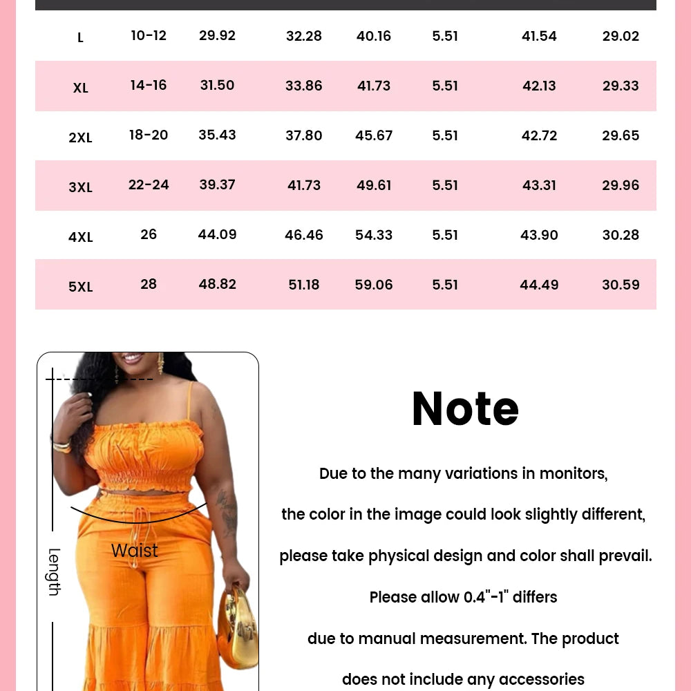 Plus Size Vacation Orange Casual Smocking Two Piece Pant Sets
