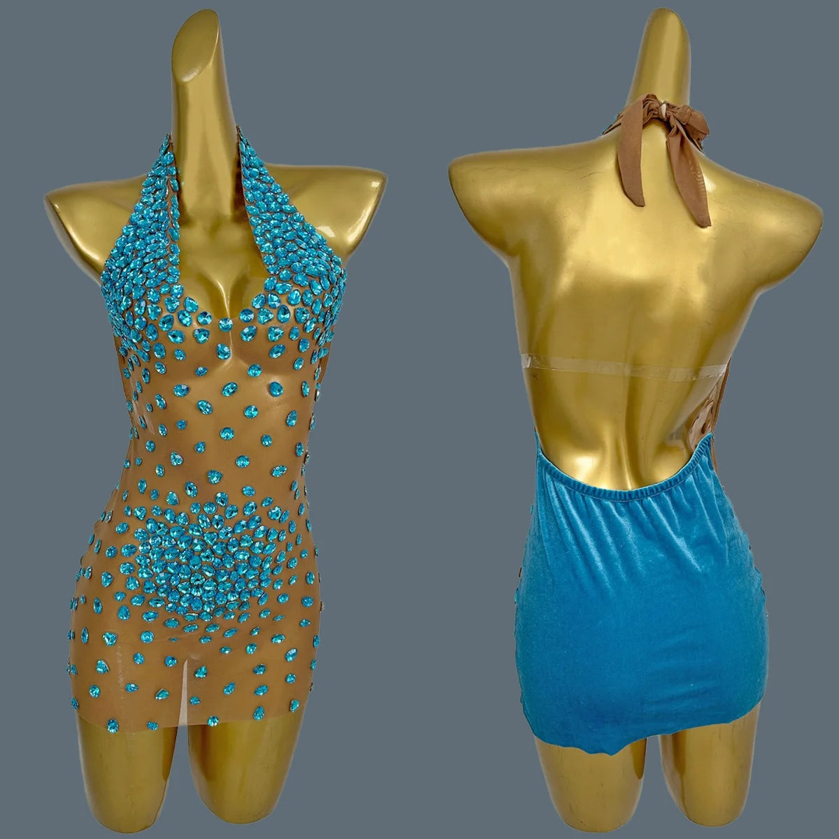 Sexy See Through Mesh Mini Dress Women Deep V Neck Backless Short Dress Club High-end Birthday Party Fancy Girls Outfit Baoshi Blue One Size