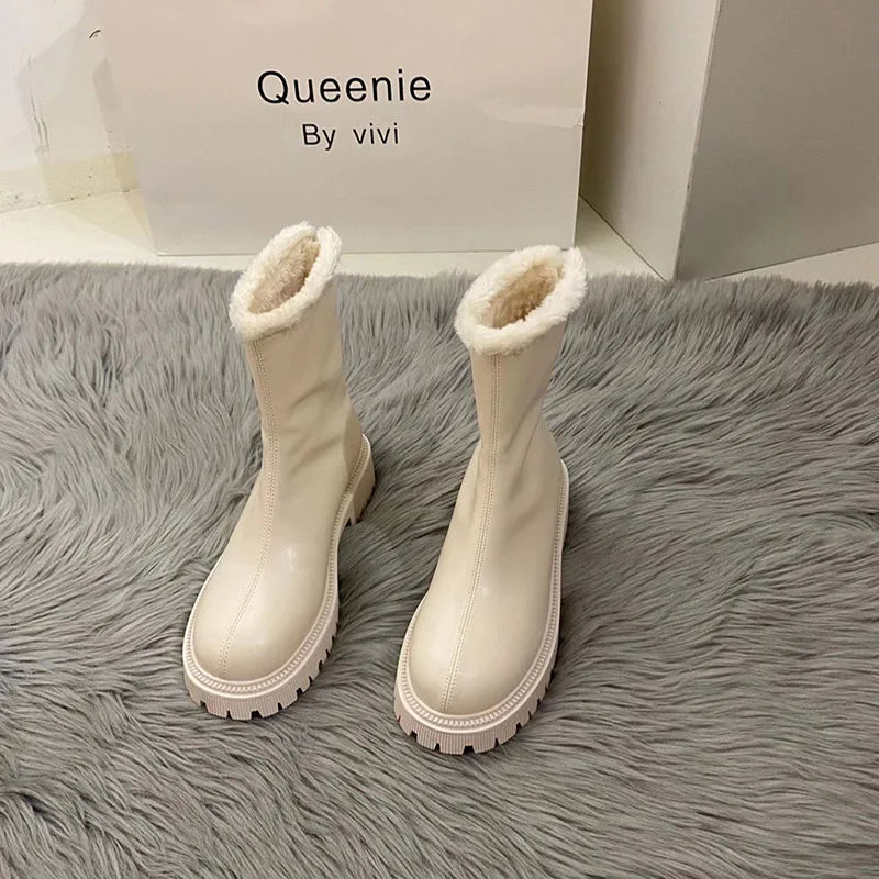 Winter Plush Women Knee High Boots Fashion Back Zippers Ladies Elegant Warm Cotton Long Booties Women's Footwear Beige short