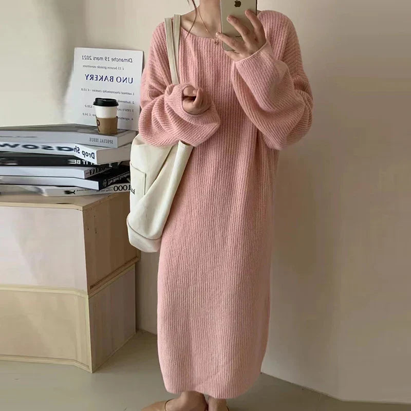 Winter Casual Long Knitted Sweater Dress Elegant New Solid Crew-neck Furry Pullover Dress Women Long Sleeve Party Dress 02 Pink One Size