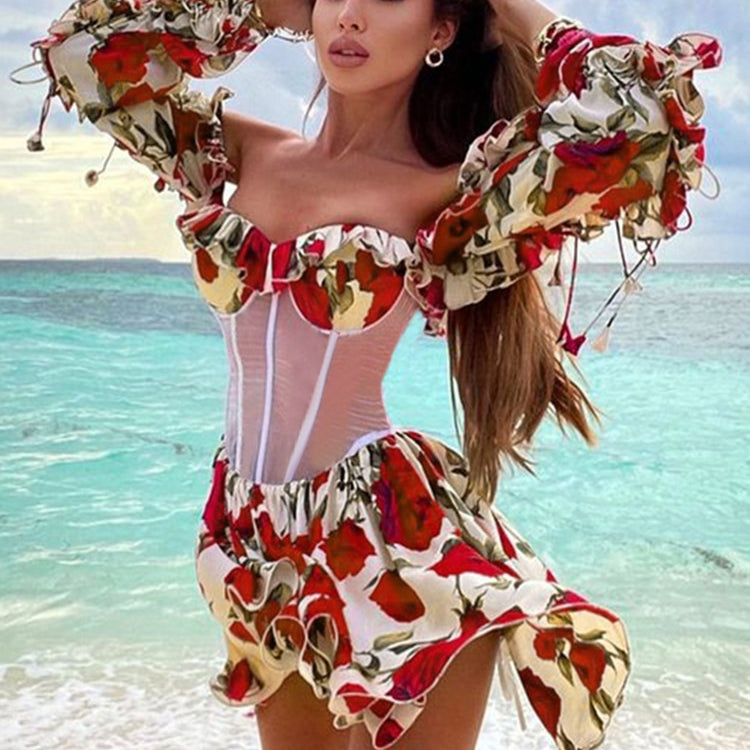 Red Printed Sexy Perspective Show Waist Lace Long Sleeve Mini Dress For Women Summer Beach Dresses Vestidos