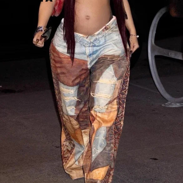 Fashion Women Fake Denim 3D Print Loose Wide Leg Jogger Pants 2025 Streetwear Casual Active Hip Hop Sweatpants Trousers