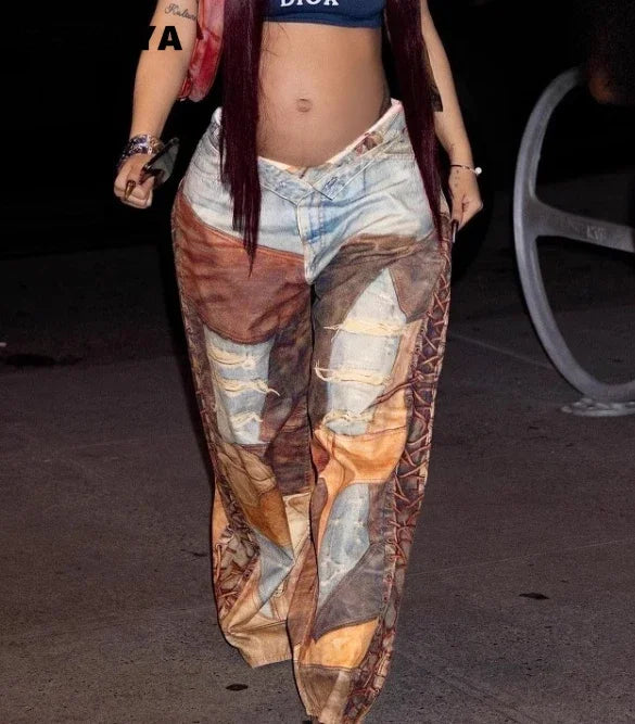 Fashion Women Fake Denim 3D Print Loose Wide Leg Jogger Pants 2025 Streetwear Casual Active Hip Hop Sweatpants Trousers