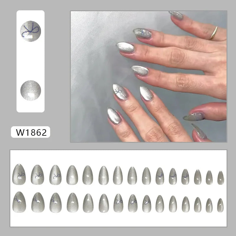 24pcs Shiny Green Cat Eye False Nails Cute Seal Print Fake Nails Tips Wearable Reusable Glossy Short Round Press on Nails 9