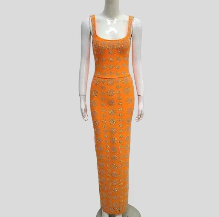 2024 New Summer High Qulity Sparkling Diamonds Sleeveless Package Hips Ankle Lenght Bandage Dress Elegant Woman Evening Dress Orange