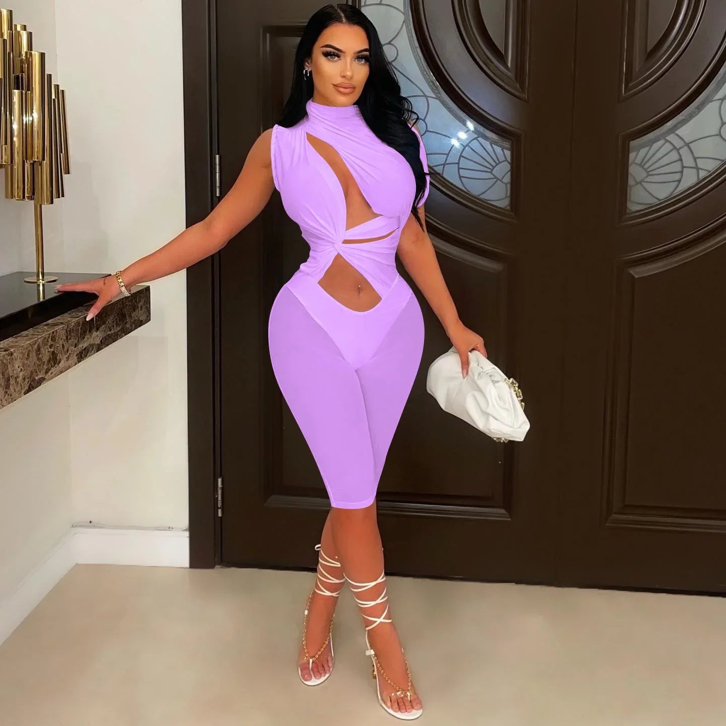 CMYAYA Women 2022 Sexy Party Playsuit Cut Out Mesh Patchwork Tie Waist Stretch Knee Length Jumpsuit Oversized One Piece Set PURPLE