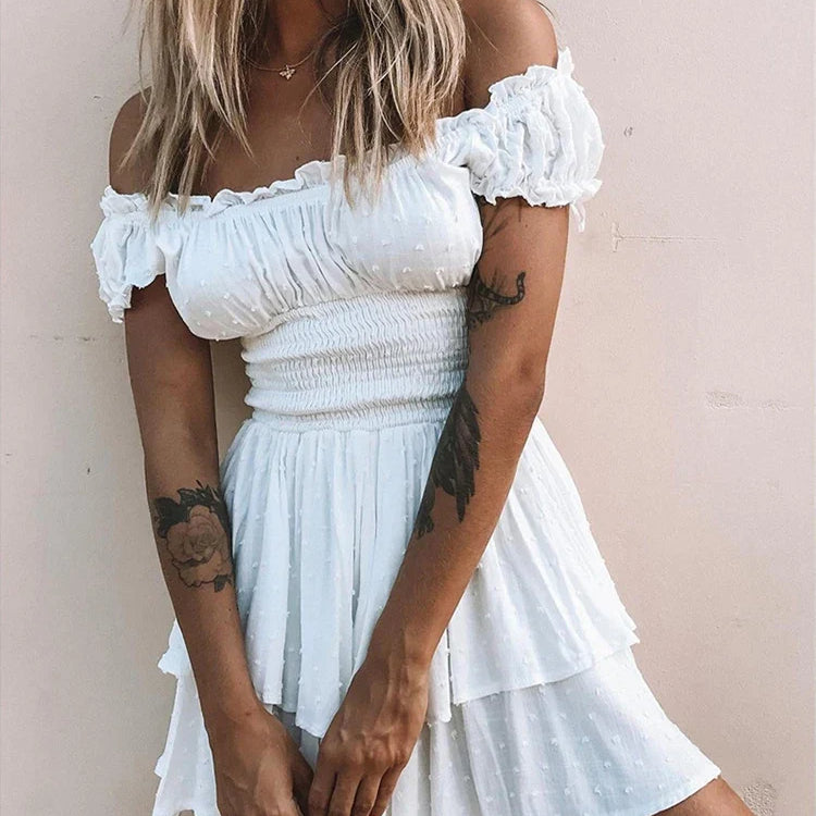 Short Sleeve White Dress Women‘s Summer Dress Fashion Ruffle Mini Dress Sexy Strapless Dress